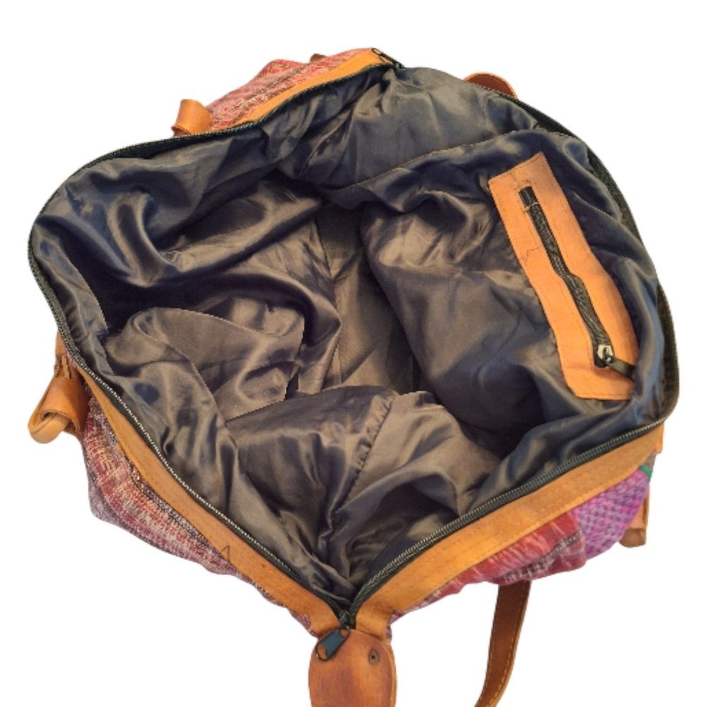 Huipil and Leather Day Bag Boho Weekender Guatemala Large Colorful Unused - Picture 13 of 16